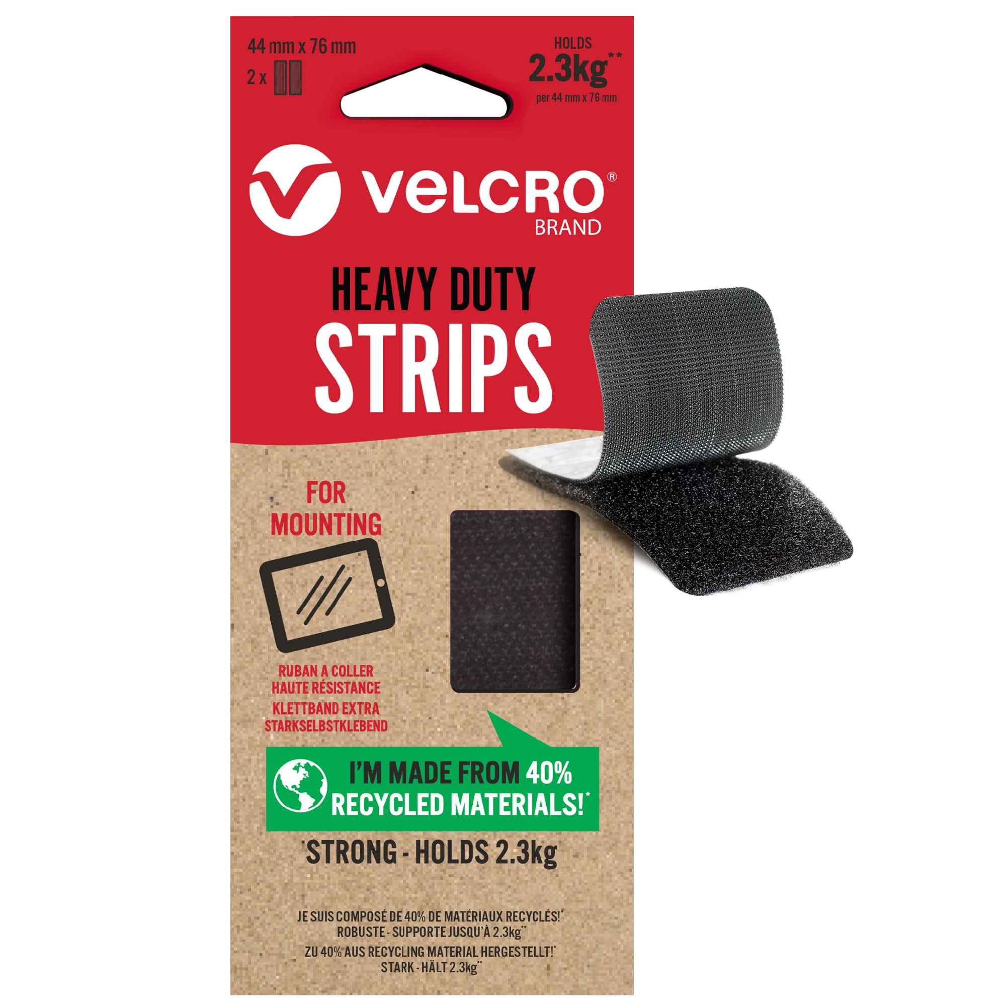 VELCRO® Brand ECO Heavy Duty Strips 44mm x 76mm - Black - Pack of 2